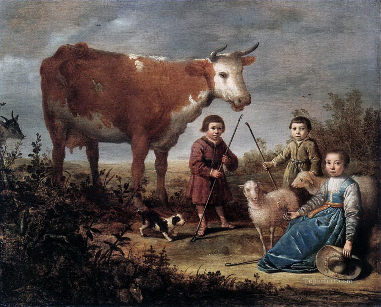 enfants et moutons de chien vache Peintures à l'huile